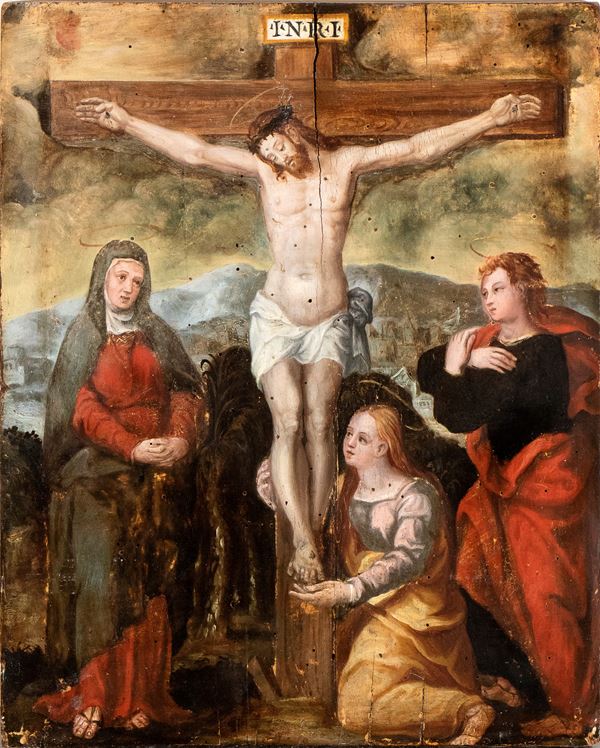 Artista fiammingo, XVI - XVII secolo - Crucifixion with the Virgin, Saint John the Evangelist and Mary Magdalene