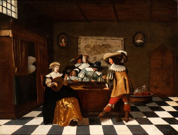 Artista olandese, XVII - XVIII secolo - Backgammon players and a lute player in an inn