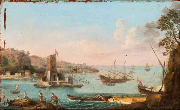 Artista francese attivo in Italia, XVIII secolo - View of harbour with watchtower, boats and fishermen