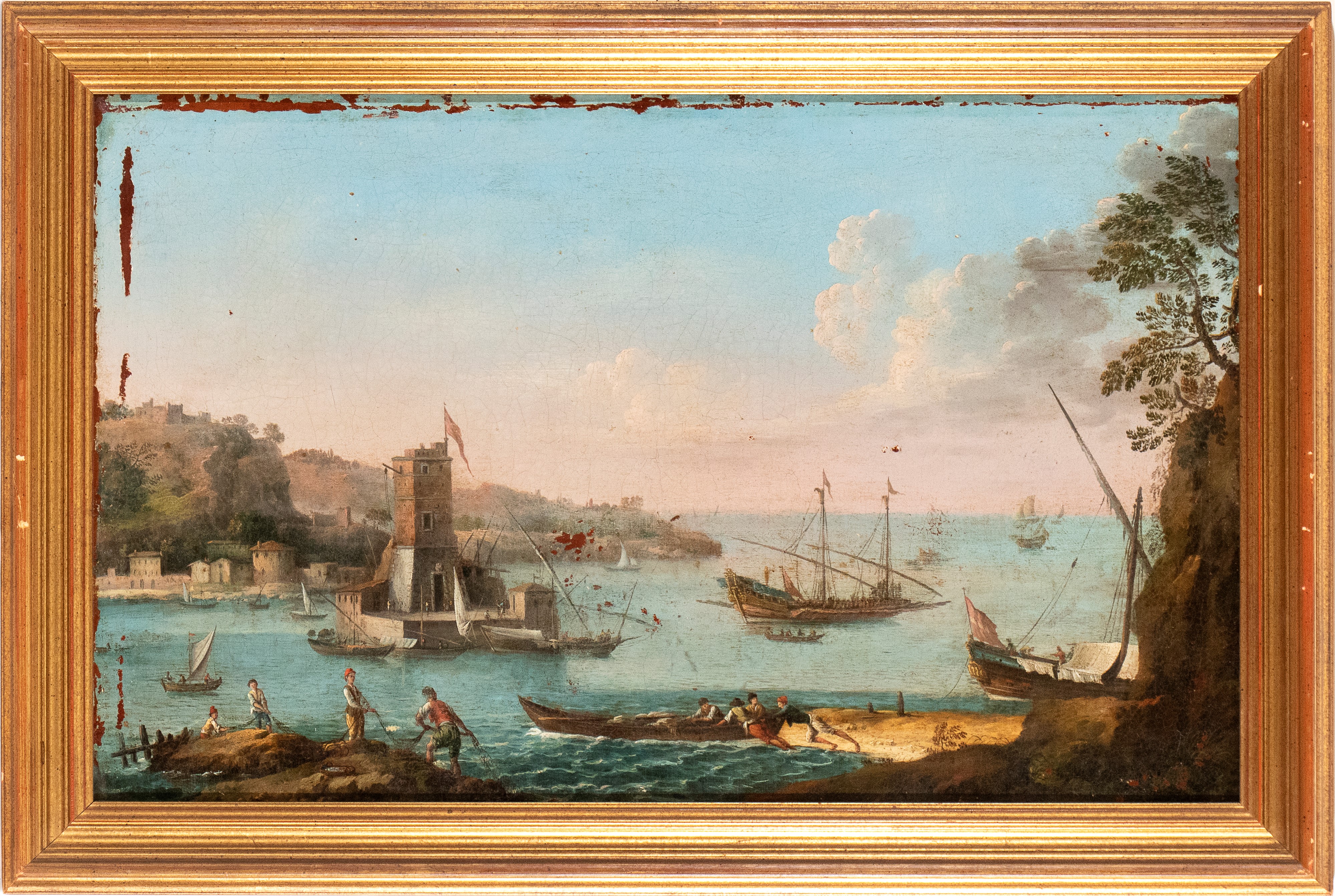 Artista Francese Attivo in Italia, XVIII Secolo - Veduta di Porto con Torretta, Imbarcazioni e Pe...