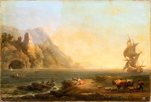 Artista francese, XVIII secolo - Coastal view with watchtower, sailing ship, fishermen and shepherds with herds