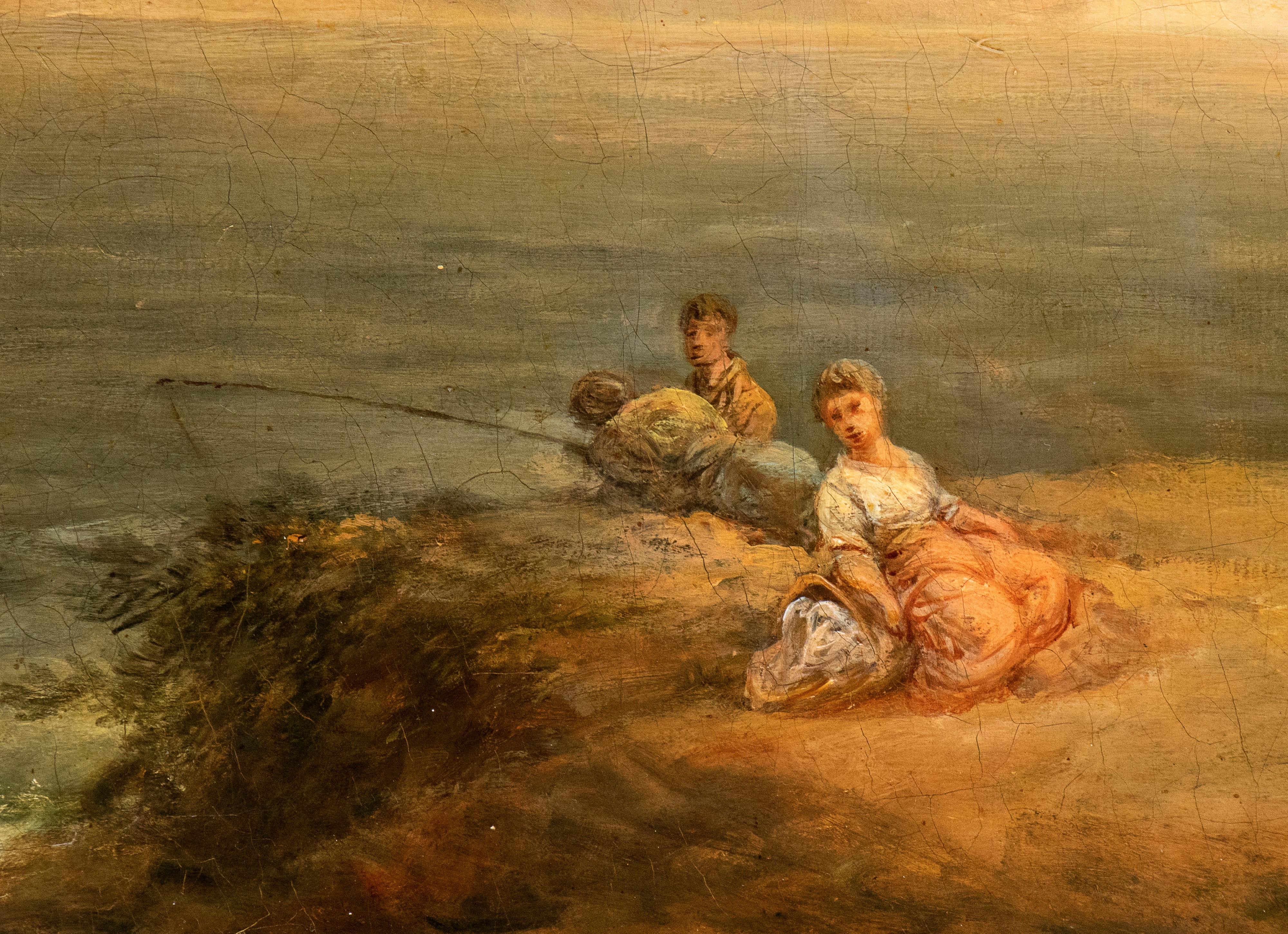 Veduta costiera con torre di guardia, veliero, pescatori e pastori con armenti