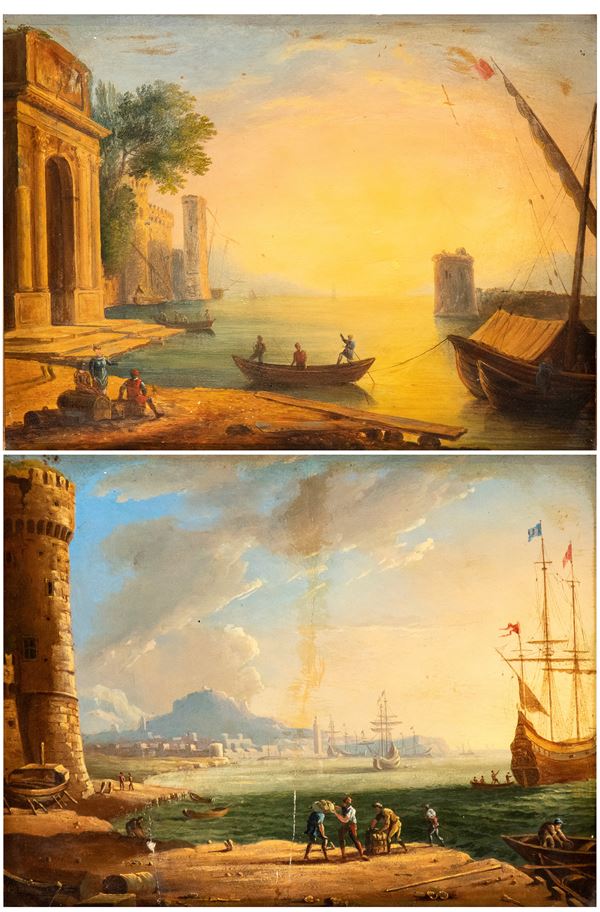 Claude Lorrain - a) Coastal capriccio with architecture, figures and boats; b) Coastal capriccio with tower figures and boats. Pair of paintings