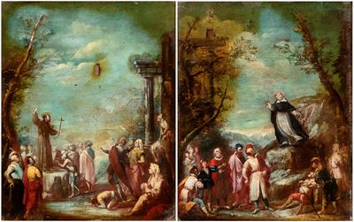 A) Predica di San Francesco; B) Predica di San Domenico. Coppia di Dipinti