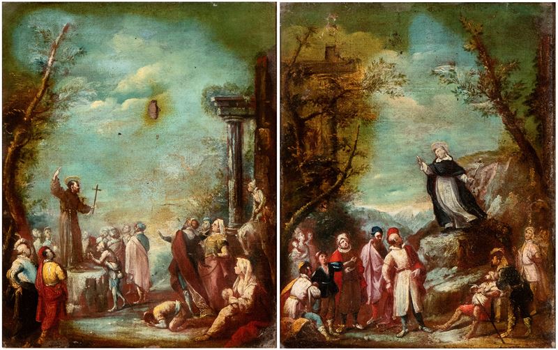 Artista Emiliano, XVII Secolo - A) Predica di San Francesco; B) Predica di San Domenico. Coppia d...
