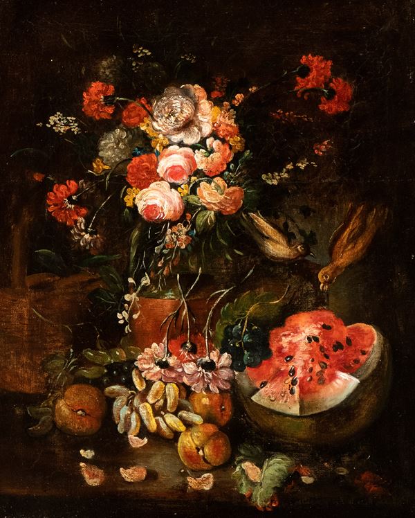 Artista attivo a Roma, XIX secolo - Still life of fruit and flowers 