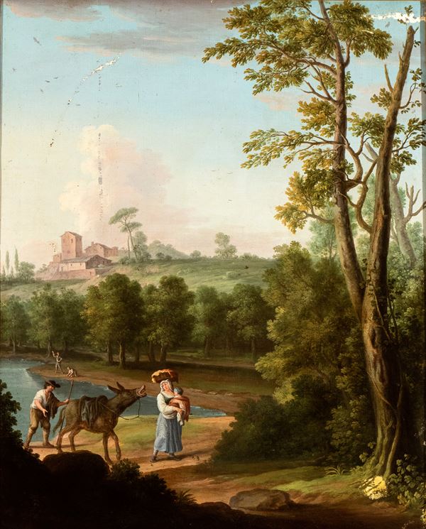 Artista attivo a Roma, XVIII secolo - Landscape with peasants near a river and a village in the background