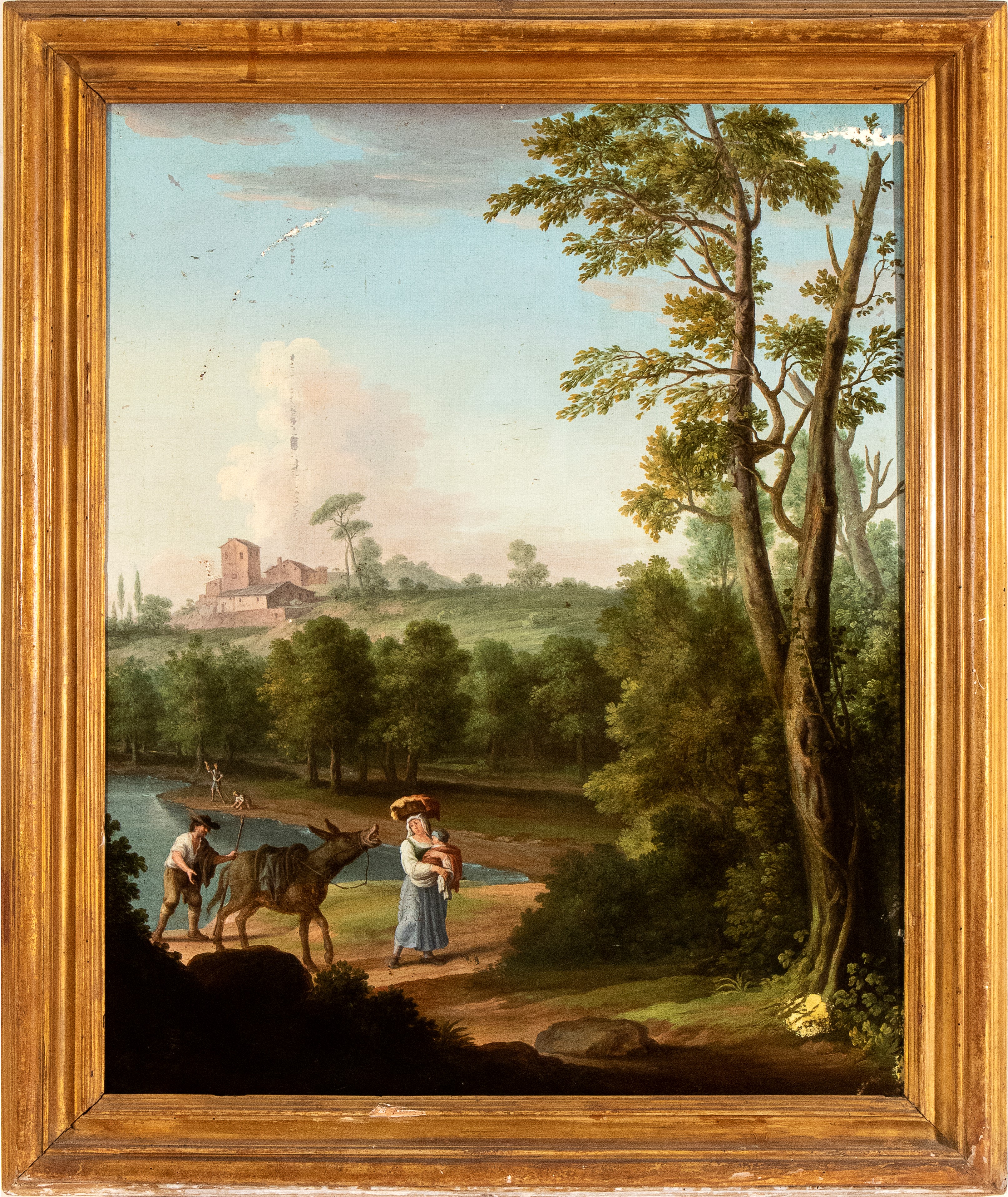 Paesaggio con contadini presso un fiume e borgo sullo sfondo