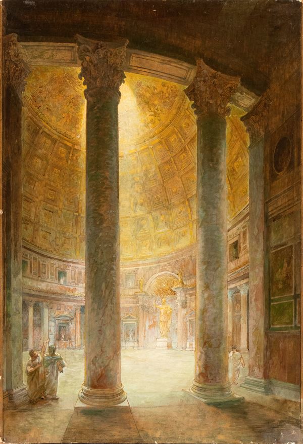 Artista neoclassico, XIX secolo - View of the interior of the Pantheon with figures