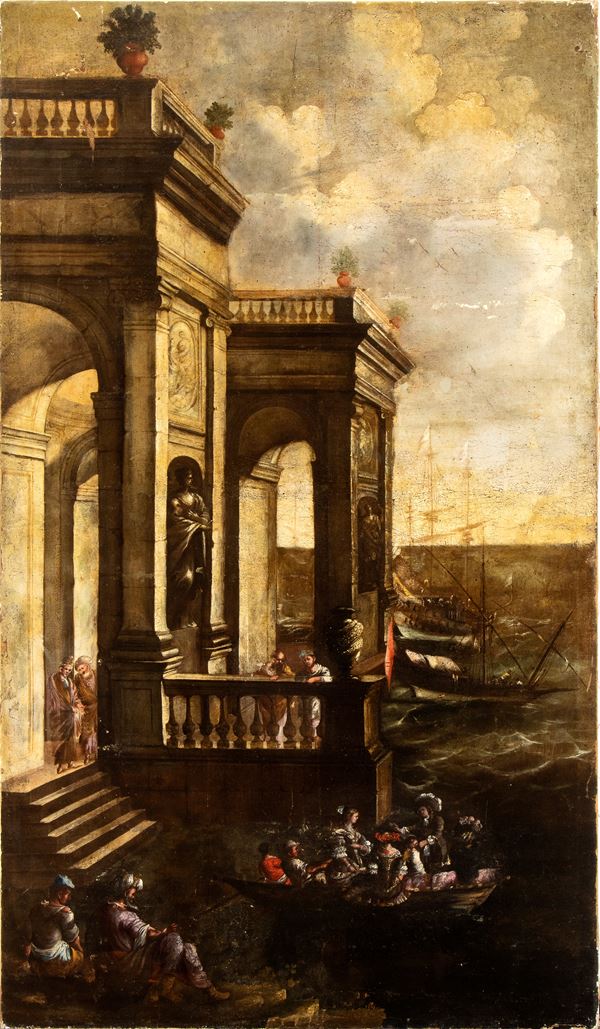 Artista attivo a Roma, XVIII secolo - Architectural capriccio with figures and boats