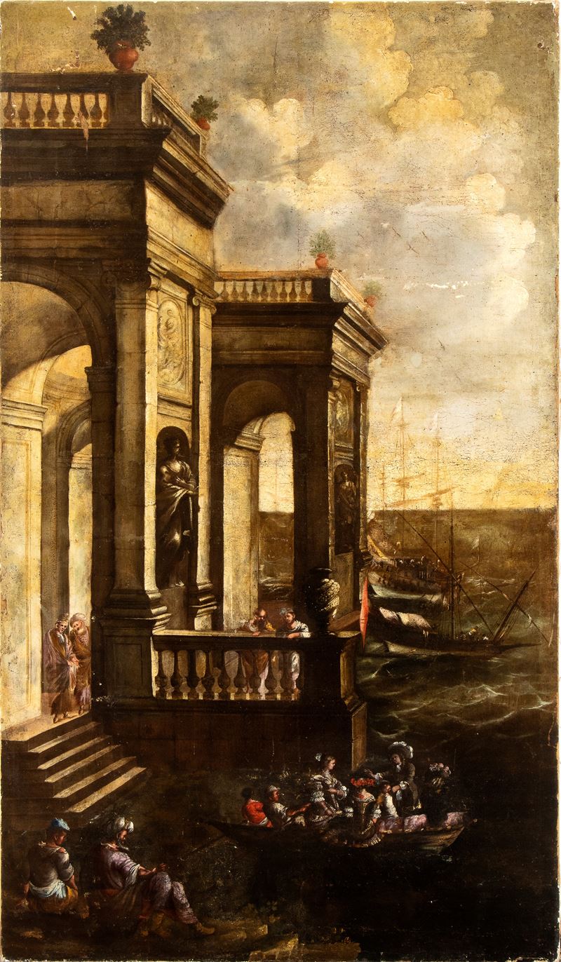 Capriccio architettonico con figure e imbarcazioni