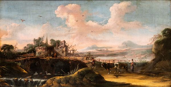 Artista veneto, XVIII secolo - Landscape with watercourse, mill, shepherds and herds