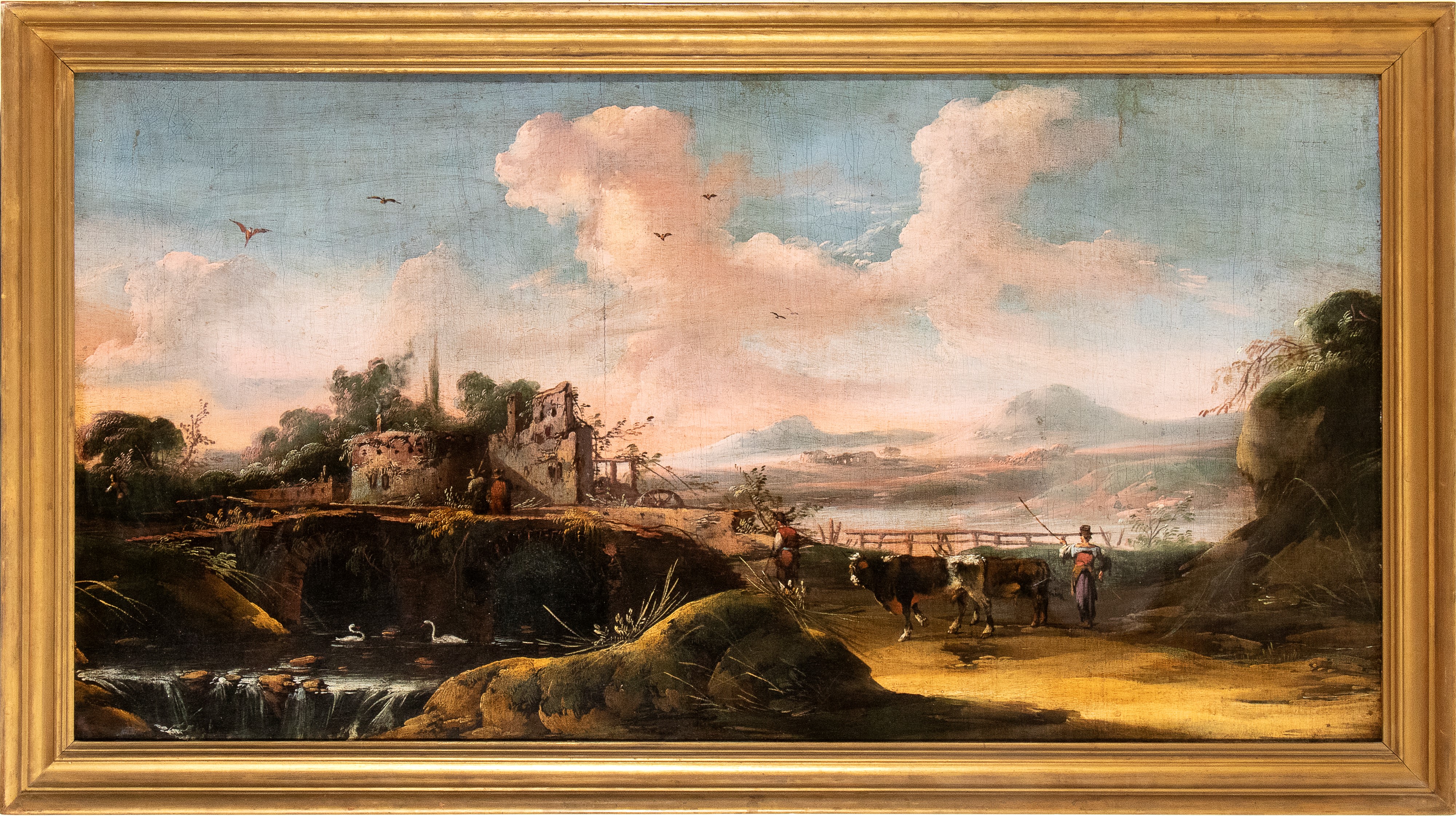 Artista Veneto, XVIII Secolo - Paesaggio con Corso D'acqua, Mulino, Pastori e Armenti