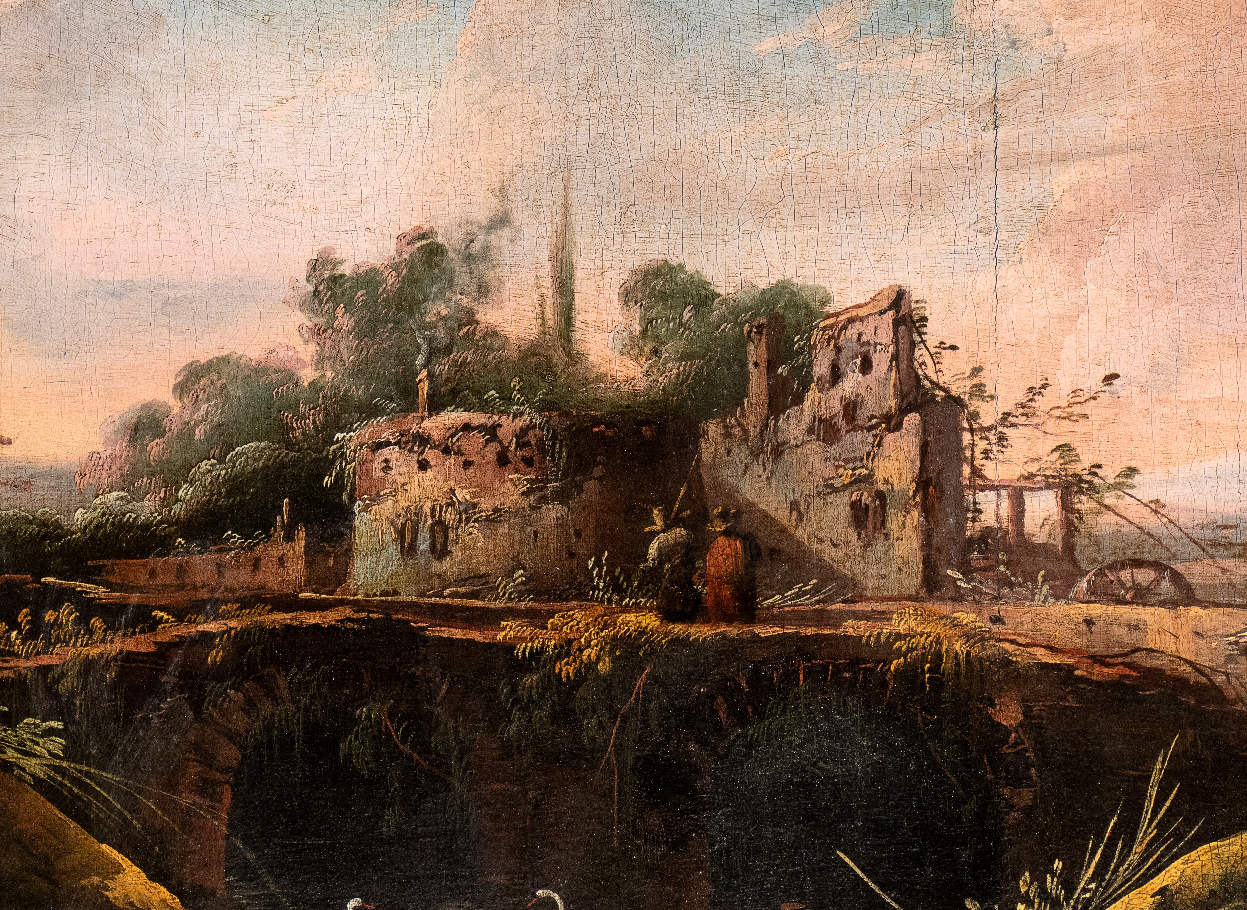 Artista Veneto, XVIII Secolo - Paesaggio con Corso D'acqua, Mulino, Pastori e Armenti
