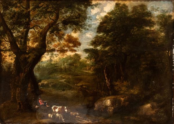 Artista fiammingo attivo in Italia, XVII secolo - Landscape with resting shepherd and herds