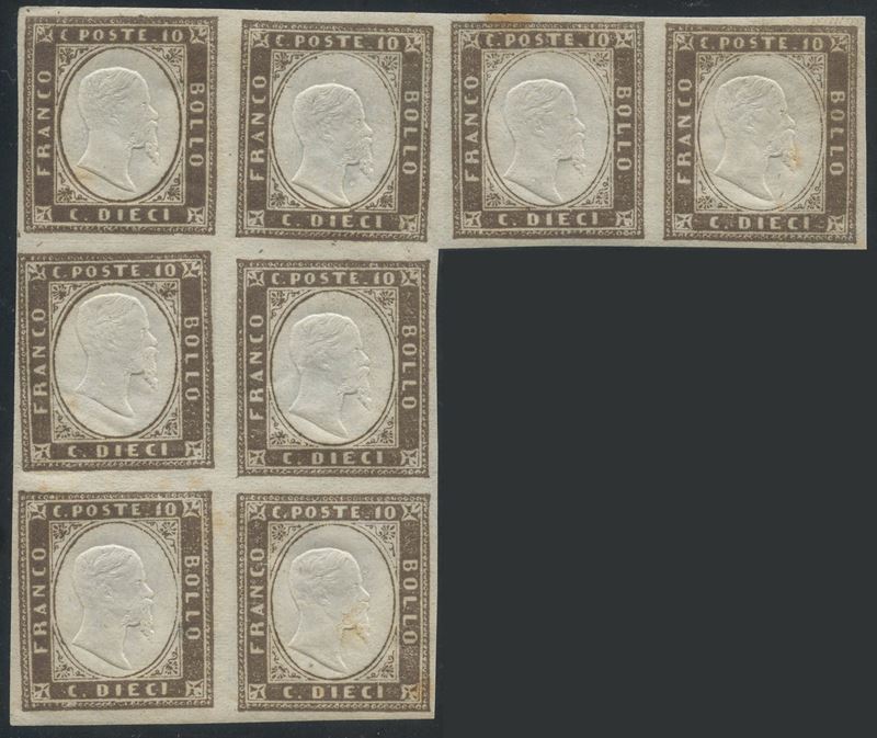 Sardegna/ IV Emissione, 10 Cent. Blocco di 8 con Varietà ''grande Orecchio''