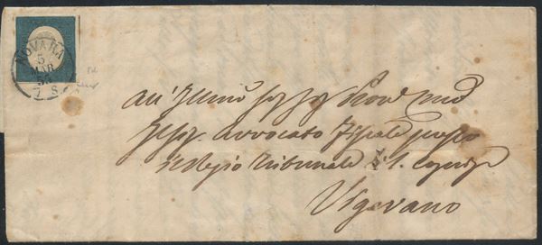 Sardegna - III emissione, 20 cent. azzurro verdastro su lettera da Novara per Vigevano