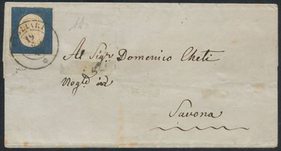 Sardegna, III emissione, 20 centesimi, affrancatura da Cagliari a Savona del 19.07.1854