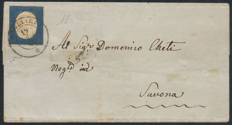 Sardegna, III emissione, 20 centesimi, affrancatura da Cagliari a Savona del 19.07.1854