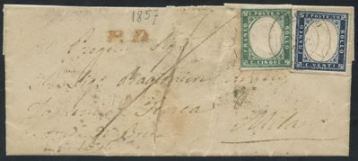 Sardegna, IV emissione, lettera affrancata 5 cent. verde smeraldo grigiastro n.13g e 20 cent. ind...