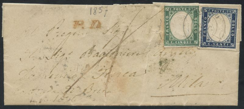 Sardegna, IV emissione, lettera affrancata 5 cent. verde smeraldo grigiastro n.13g e 20 cent. ind...