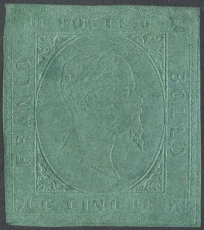 Sardegna, II emissione, 5 centesimi verde n. 4, 1853, nuovo con gomma