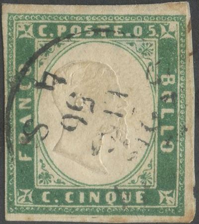 Sardegna, IV emissione, 5 centesimi verde smeraldo, 1856