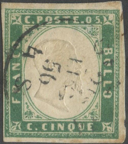 Sardegna, IV emissione, 5 centesimi verde smeraldo, 1856