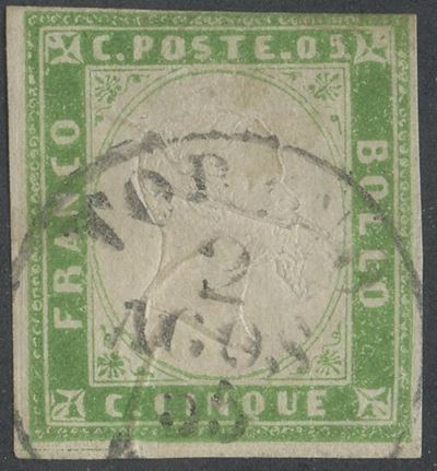 Sardegna - IV Emissione, 5 Cent. Verde Giallo Tenue del 1855