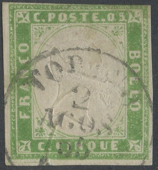 Sardegna - IV Emissione, 5 Cent. Verde Giallo Tenue del 1855