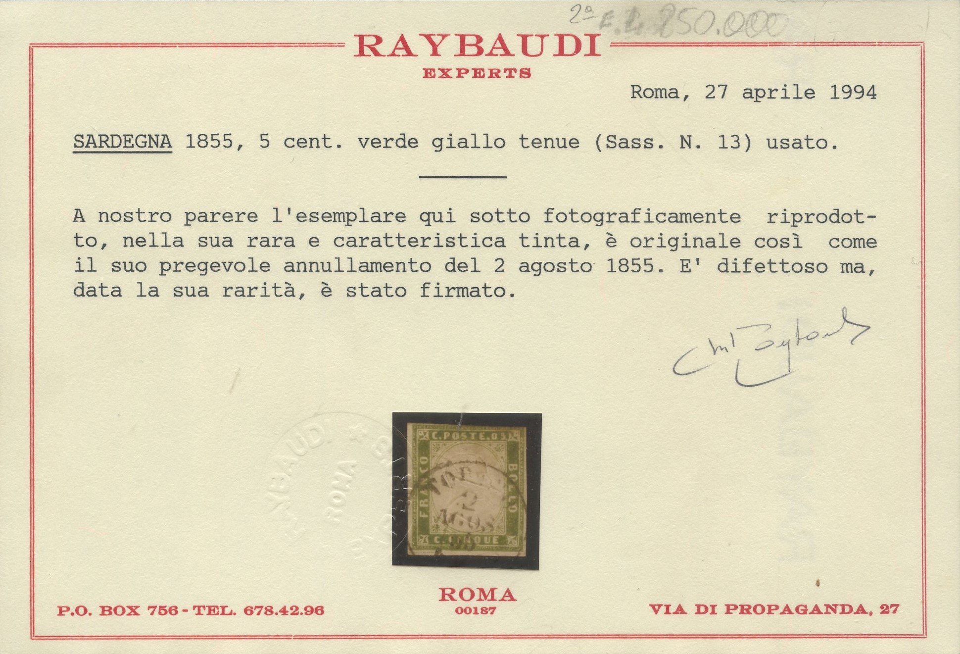 Sardegna - IV Emissione, 5 Cent. Verde Giallo Tenue del 1855