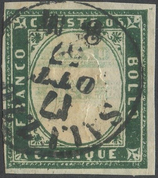 Sardegna, IV emissione, 5 centesimi verde smeraldo con doppia stampa, 1857