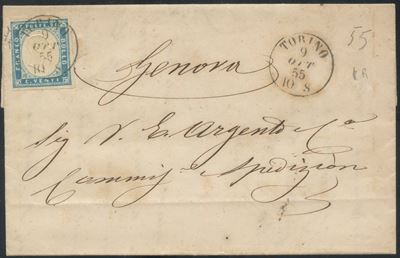 Sardegna, IV emissione – Lettera del 9 ottobre 1855 affrancata con 20 cent. cobalto chiaro n. 15a
