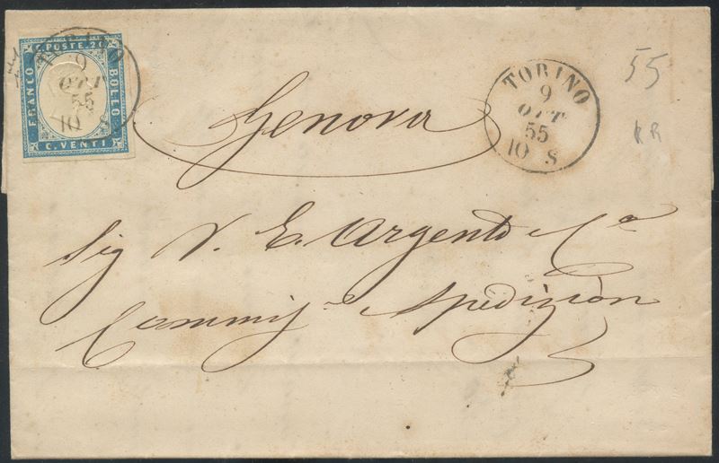 Sardegna, IV emissione – Lettera del 9 ottobre 1855 affrancata con 20 cent. cobalto chiaro n. 15a