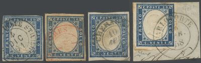 Sardegna, IV emissione - 4 annullamenti su 20 centesimi del 1858