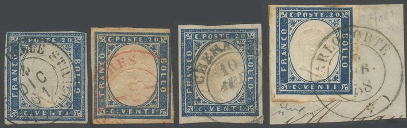 Sardegna, IV emissione - 4 annullamenti su 20 centesimi del 1858