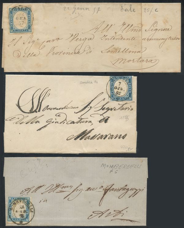 Sardegna - IV emissione, tre buste con interessanti annullamenti.