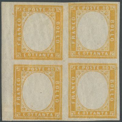 Sardegna, IV emissione, 80 centesimi giallo n.17Da in quartina con gomma