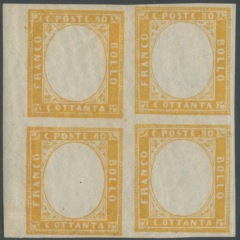 Sardegna, IV emissione, 80 centesimi giallo n.17Da in quartina con gomma