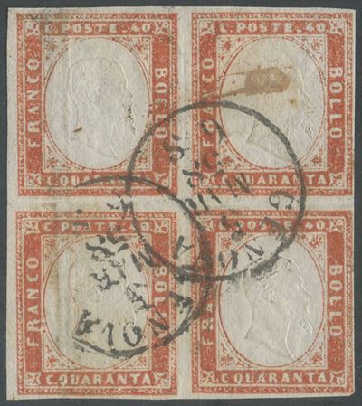 Sardegna - IV Emissione, 40 Cent. Vermiglio Arancio in Quartina.