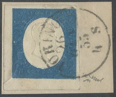 Sardegna, III emissione - 20 centesimi angolo di foglio, 1855