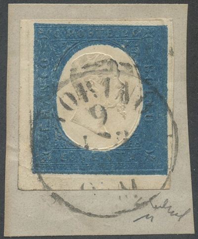 Sardegna, III emissione, 20 centesimi azzurro chiaro, 1855, angolo di foglio
