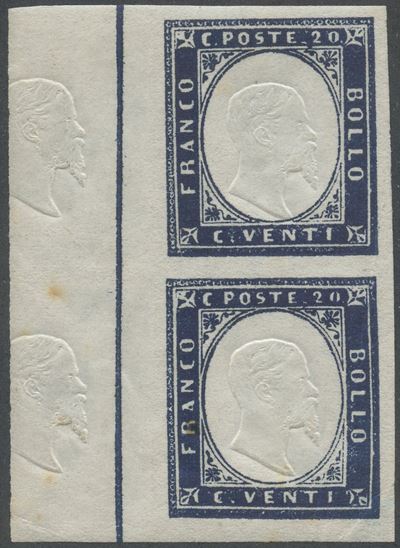 Sardegna - IV Emissione, 20 Cent. Indaco con Linea di Riquadro ed Effige nel Margine