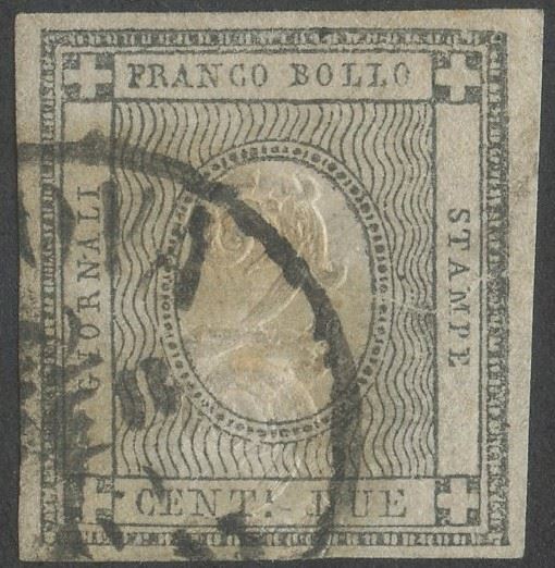 Sardegna, Francobollo 2 centesimi grigio nero n.20 con doppia cifra molto discostata