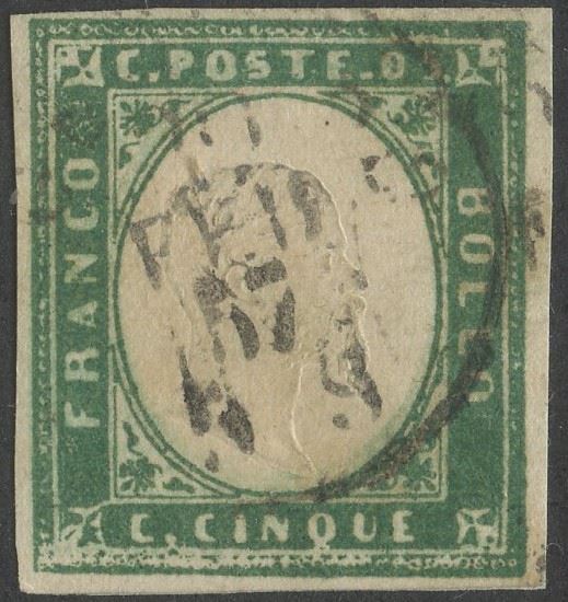 Sardegna - IV Emissione, 5 Cent. Tiratura di Inizio 1857 ''verde Bottiglia''