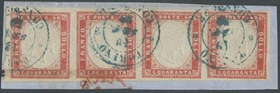 Sardegna, IV emissione, 40 cent. rosso scarlatto in striscia di 4