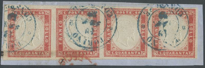 Sardegna, IV emissione, 40 cent. rosso scarlatto in striscia di 4