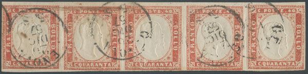 Sardegna - IV emissione, 40 cent. rosso scarlatto in striscia  di 5