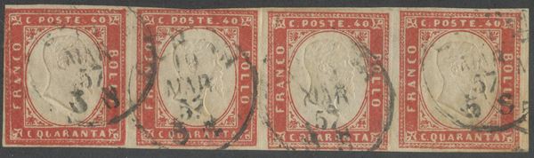 Sardinia - IV issue, 40 cents dark vermilion in strip of 4