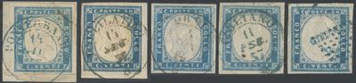 Sardegna, IV emissione - Insieme di cinque annullamenti non comuni su 20 centesimi del 1855